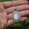 Vintage Copper Shell Oval Pendant Necklace With Mixed Gem Inlay And Water Wave Chain Fashion Religious Jewelry