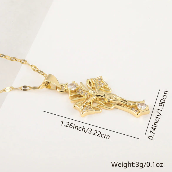 Vintage Cross Necklace Copper Plated Real Gold Microinlaid Zircon Pendant Accessories Geometric Style