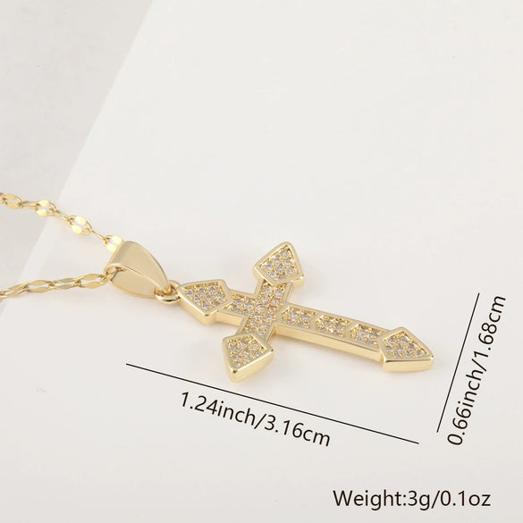 Vintage Cross Necklace Copper Plated Real Gold Microinlaid Zircon Pendant Accessories Geometric Style