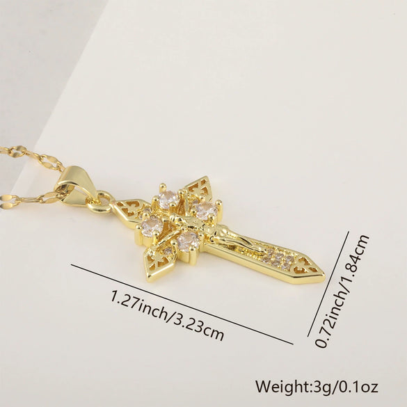 Vintage Cross Necklace Copper Plated Real Gold Microinlaid Zircon Pendant Accessories Geometric Style