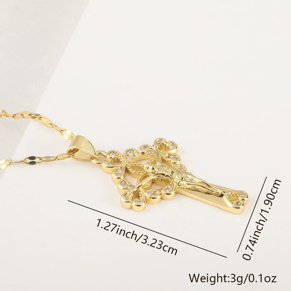 Vintage Cross Necklace Copper Plated Real Gold Microinlaid Zircon Pendant Accessories Geometric Style