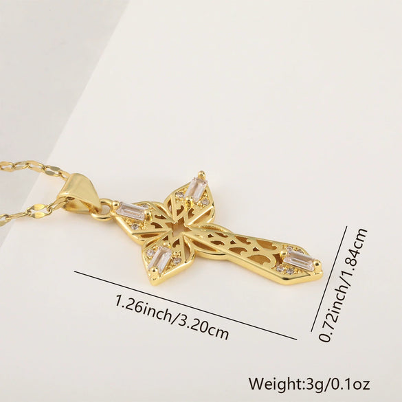 Vintage Cross Necklace Copper Plated Real Gold Microinlaid Zircon Pendant Accessories Geometric Style