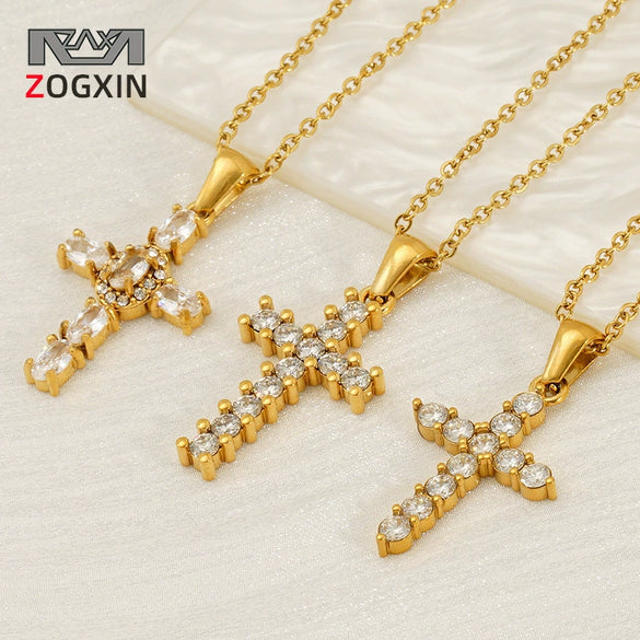 Vintage Cross 316L Stainless Steel Zircon Diamond Necklace