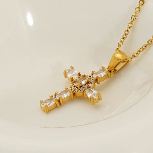 Vintage Cross 316L Stainless Steel Zircon Diamond Necklace