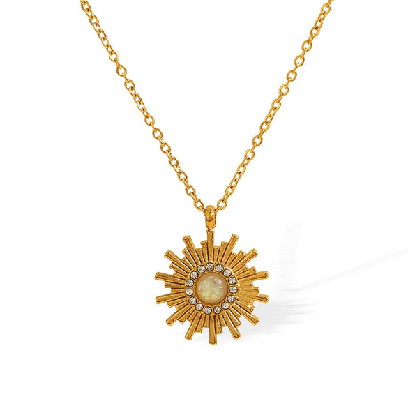 Vintage Design 316L Stainless Steel Necklace With Sunflower Pendant And White Beads With Diamonds Electroplated Long Chain For Women