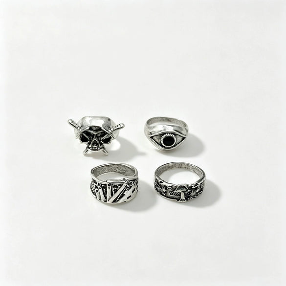 Vintage Distressed Alloy Ring Set With Skull And Devil’s Eye Designs Textured Wide Punk Stackable Rings For Men And Women