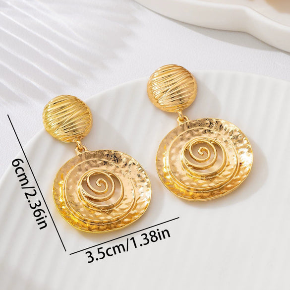 Vintage Distressed Hammered Zinc Alloy Spiral Flower Earrings With Geometric Round Swirl Design Electroplated Finish And Stainless Steel Posts