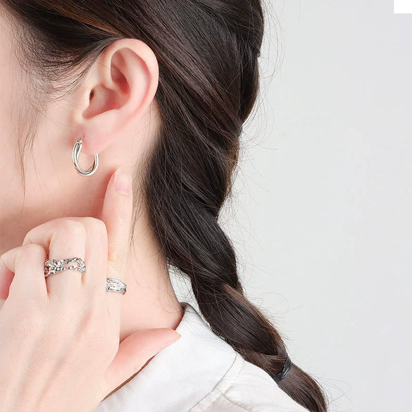 Vintage Distressed Woven Twist Geometric Sterling Silver Earrings For Women Electroplated Ear Buckle Style