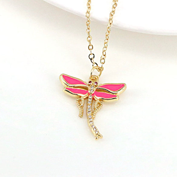 Vintage Dragonfly Pendant Necklace With Mixed Gem Inlay And Copper Water Wave Chain Simple Animal Jewelry