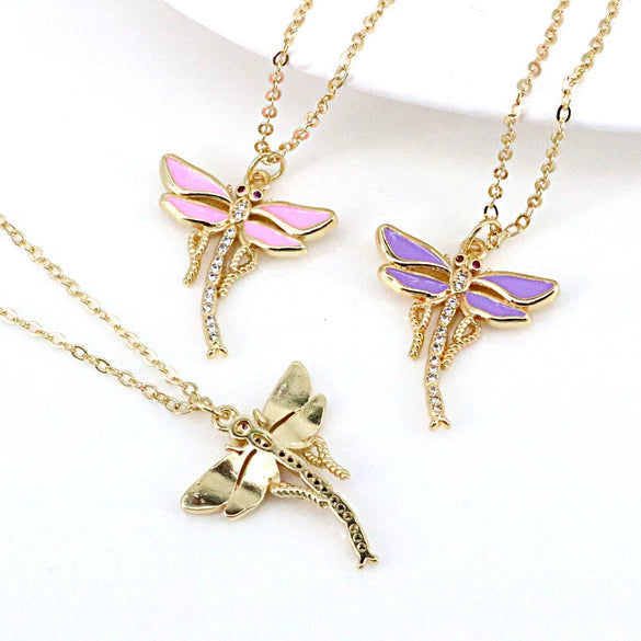 Vintage Dragonfly Pendant Necklace With Mixed Gem Inlay And Copper Water Wave Chain Simple Animal Jewelry