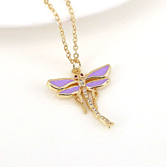 Vintage Dragonfly Pendant Necklace With Mixed Gem Inlay And Copper Water Wave Chain Simple Animal Jewelry