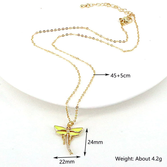 Vintage Dragonfly Pendant Necklace With Mixed Gem Inlay And Copper Water Wave Chain Simple Animal Jewelry