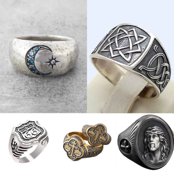 Vintage Electroplated Metal Star And Moon Texture Ring Unisex Fashion Jewelry Wholesale