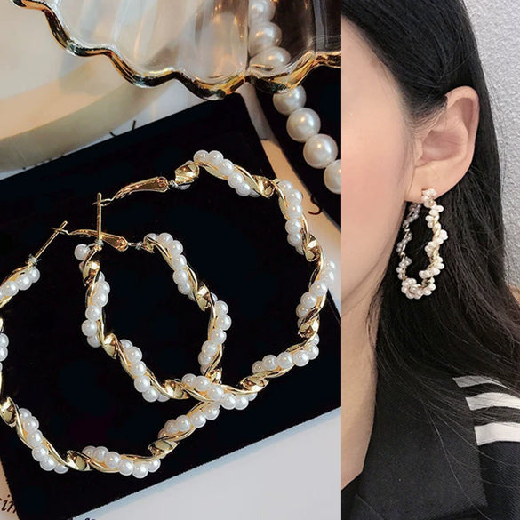 Vintage Elegant Geometric Pearl Wrapped Metal Earrings With Electroplated Finish Trendy Fashion Jewelry