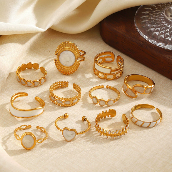 Vintage Elegant White Enamel Stainless Steel Adjustable Ring For Women With Electroplated Geometric Line Design