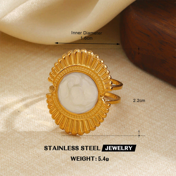 Vintage Elegant White Enamel Stainless Steel Adjustable Ring For Women With Electroplated Geometric Line Design