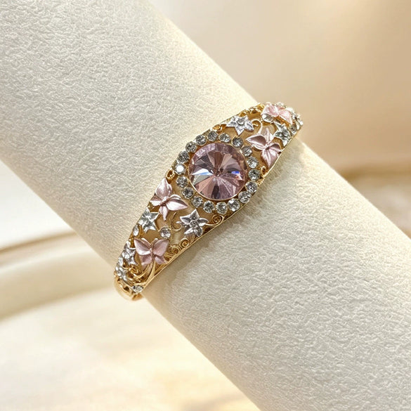Vintage Enamel Butterfly Gemstone Bangle For Women With Openwork Filigree And Plated Open Bracelet Design