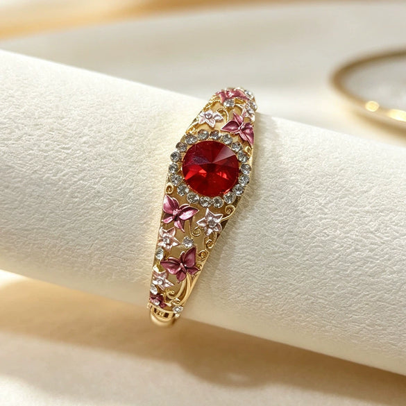 Vintage Enamel Butterfly Gemstone Bangle For Women With Openwork Filigree And Plated Open Bracelet Design