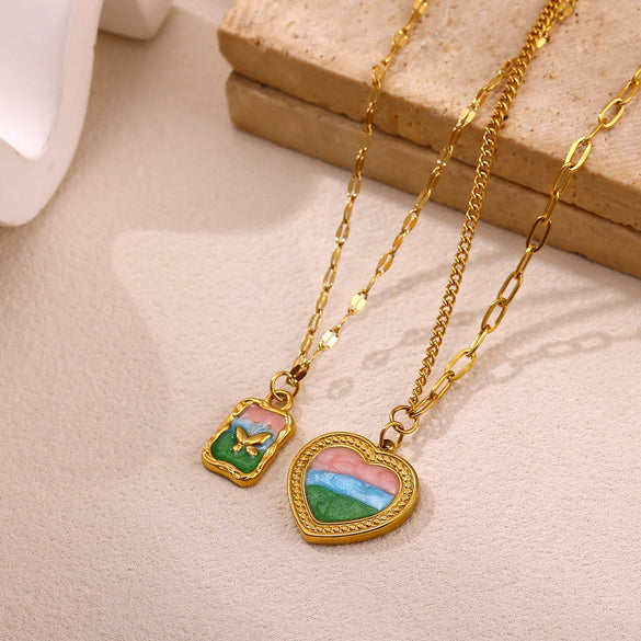 Vintage Enamel Floral Heart Pendant Necklace With Gold Plated Oshaped Chain For Women Elegant Retro Jewelry