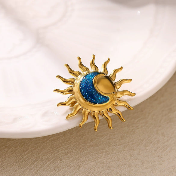 Vintage Enamel Stainless Steel Sun Butterfly And Flower Brooch With Geometric Oil Drop Finish For Women's Suit Jackets