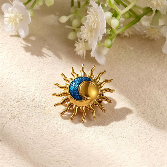 Vintage Enamel Stainless Steel Sun Butterfly And Flower Brooch With Geometric Oil Drop Finish For Women's Suit Jackets