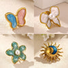 Vintage Enamel Stainless Steel Sun Butterfly And Flower Brooch With Geometric Oil Drop Finish For Women's Suit Jackets