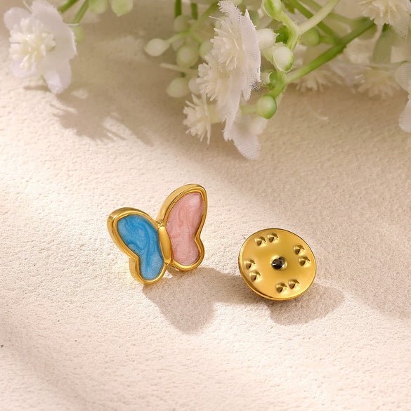Vintage Enamel Stainless Steel Sun Butterfly And Flower Brooch With Geometric Oil Drop Finish For Women's Suit Jackets