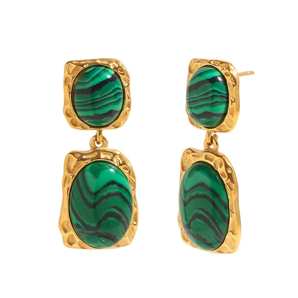 Vintage Exaggerated Niche Fashion Earrings Stainless Steel 18K Gold Plated Malachite Pendant Stud Earrings With Geometric Design Electroplating
