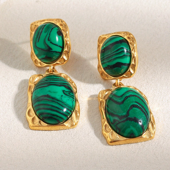 Vintage Exaggerated Niche Fashion Earrings Stainless Steel 18K Gold Plated Malachite Pendant Stud Earrings With Geometric Design Electroplating