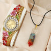Vintage Fashion Cloisonne 3D Blooming Women's Alloy Bracelet Quartz Watch With Gravel Pendant And Stainless Steel Buckle