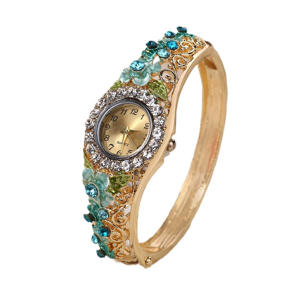 Vintage Fashion Cloisonne 3D Blooming Women's Alloy Bracelet Quartz Watch With Gravel Pendant And Stainless Steel Buckle