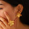 Vintage Fashion Flower Stud Earrings And Exaggerated Petal Ring Stainless Steel Jewelry Suit With Pvd Furnace Real Gold Electroplating For Women
