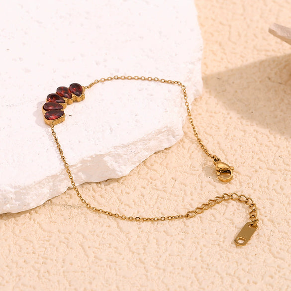 Vintage Fashion Geometric Stainless Steel 18K Gold Plated Red Diamond Pomegranate Seed Style Bracelet For Women