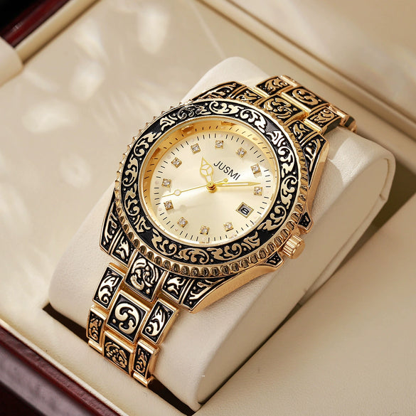 Vintage Fashion Gold Alloy And Stainless Steel Carved Round Dial Men's Quartz Watch
