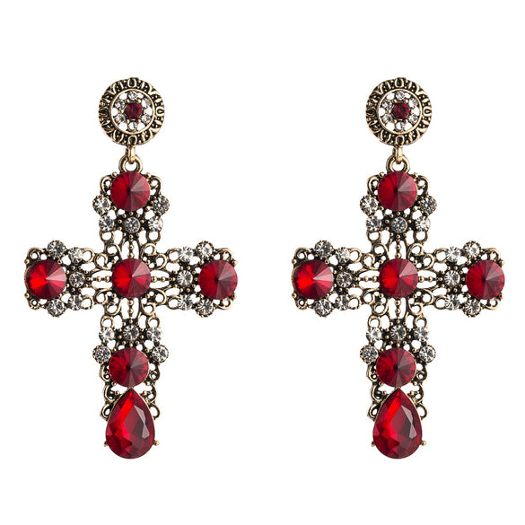 Vintage Fashion Hollow Cross Dangle Earrings With Diamond Accents Alloy Long Statement Earrings For Women
