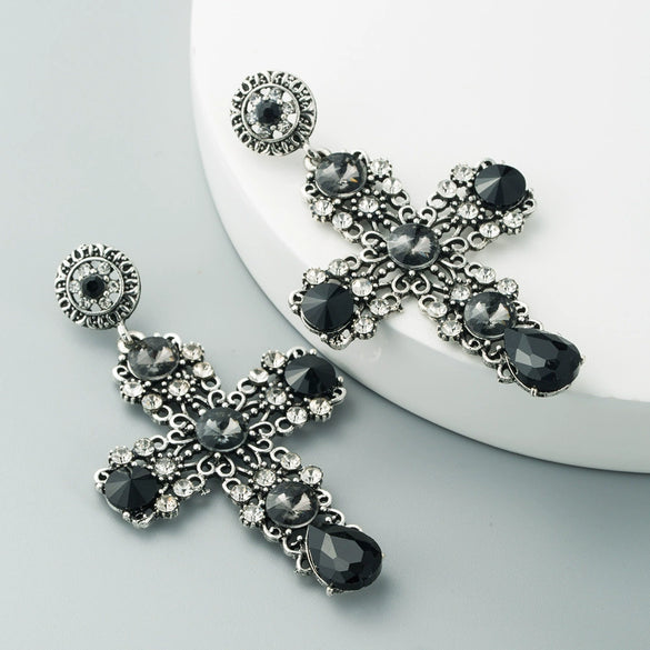 Vintage Fashion Hollow Cross Dangle Earrings With Diamond Accents Alloy Long Statement Earrings For Women