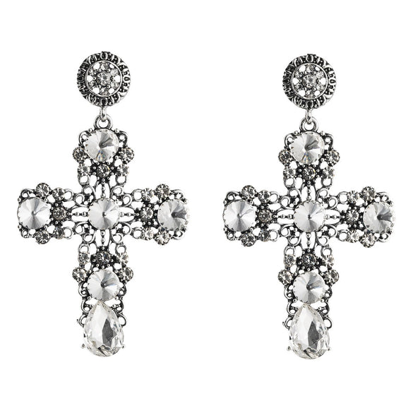 Vintage Fashion Hollow Cross Dangle Earrings With Diamond Accents Alloy Long Statement Earrings For Women