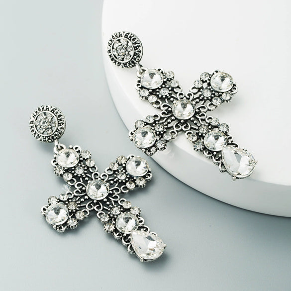 Vintage Fashion Hollow Cross Dangle Earrings With Diamond Accents Alloy Long Statement Earrings For Women