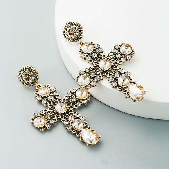 Vintage Fashion Hollow Cross Dangle Earrings With Diamond Accents Alloy Long Statement Earrings For Women