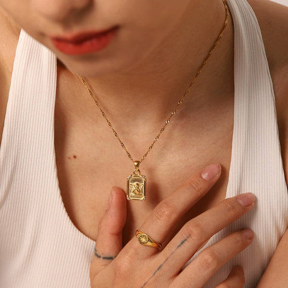 Vintage Fashion Ins Wind Stainless Steel And Titanium Steel Necklace With Square Embossed Angel Pendant And Geometric Design 18K Gold Electroplated