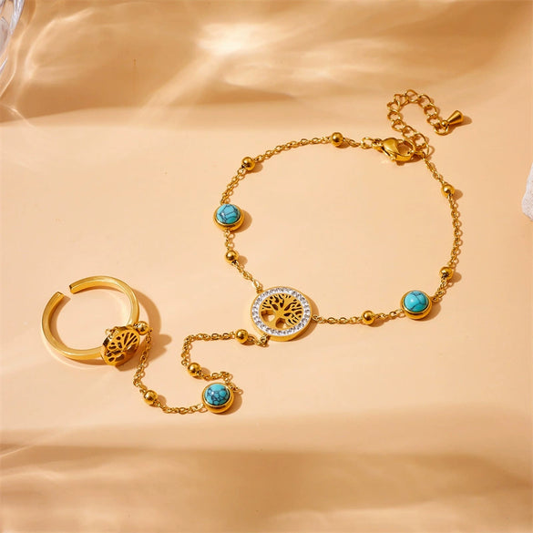 Vintage Fashion Stainless Steel Round Finger Bracelet With Life Tree Flower Bow Tie Pattern Electroplated