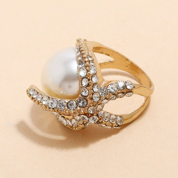 Vintage Fashion Starfish Pearl Joint Ring In Zinc Alloy Exaggerated Statement Design Simple Trendy Unisex Finger Ring