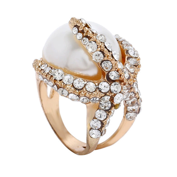 Vintage Fashion Starfish Pearl Joint Ring In Zinc Alloy Exaggerated Statement Design Simple Trendy Unisex Finger Ring