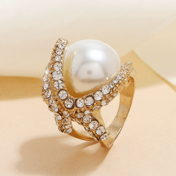Vintage Fashion Starfish Pearl Joint Ring In Zinc Alloy Exaggerated Statement Design Simple Trendy Unisex Finger Ring
