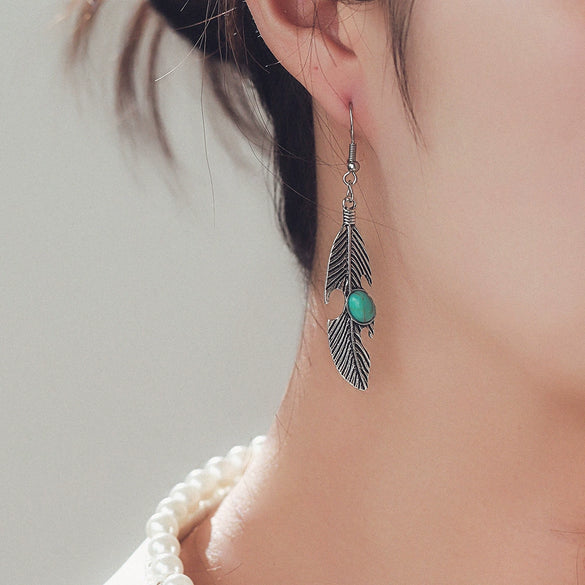 Vintage Feather Inlaid Turquoise Earrings For Women Alloy Material With Electroplating Geometric Design
