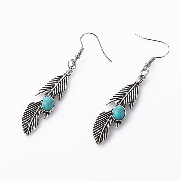 Vintage Feather Inlaid Turquoise Earrings For Women Alloy Material With Electroplating Geometric Design