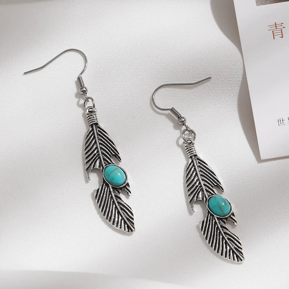 Vintage Feather Inlaid Turquoise Earrings For Women Alloy Material With Electroplating Geometric Design
