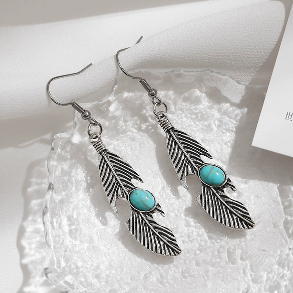 Vintage Feather Inlaid Turquoise Earrings For Women Alloy Material With Electroplating Geometric Design