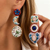 Vintage Floral Gemstone Stud Earrings With Geometric Heart Pendant And Asymmetrical Painted Alloy Design