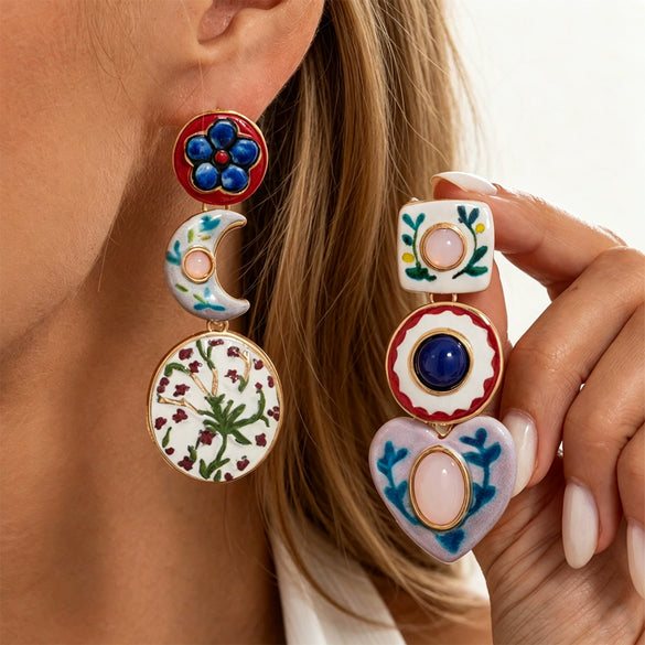 Vintage Floral Gemstone Stud Earrings With Geometric Heart Pendant And Asymmetrical Painted Alloy Design